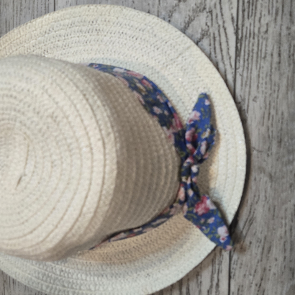Cream Straw Hat with Blue Floral Band